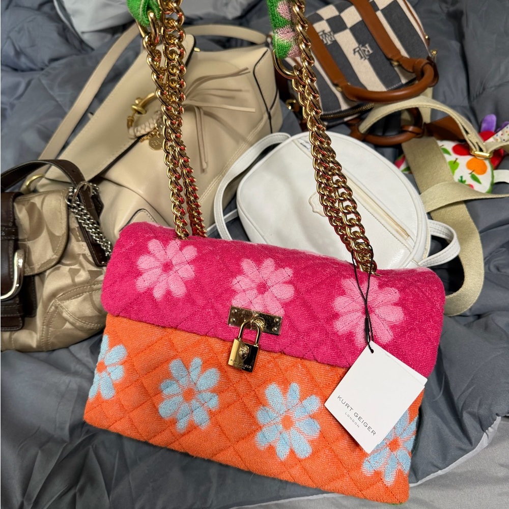 Kurt Geiger Pink & Orange Floral Quilted Chain Shoulder Bag